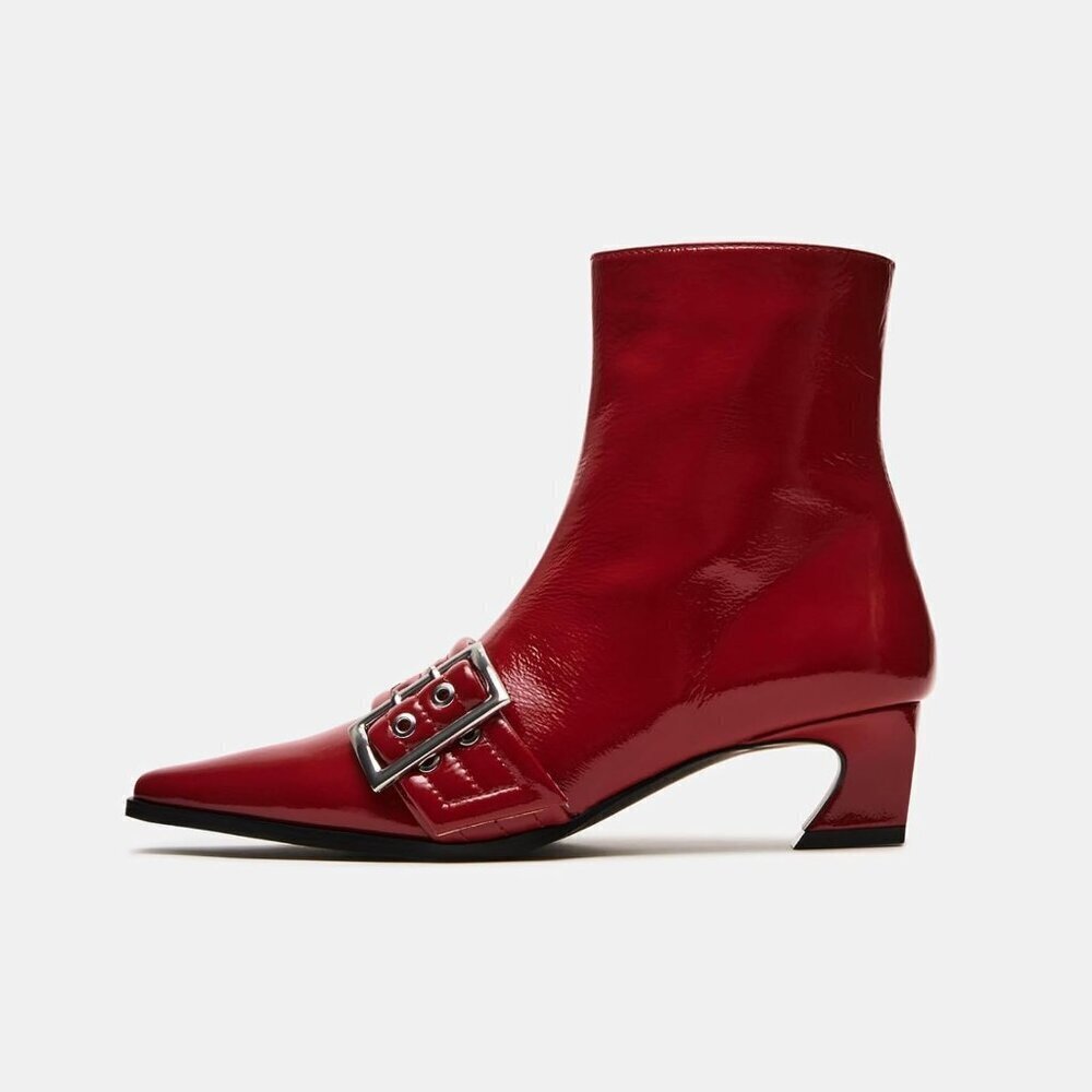 ✨Women Red Buckle Ankle Boots Kitten Low Heel Eyelet Sexy Pointy Toe Booties - Picture 6 of 9